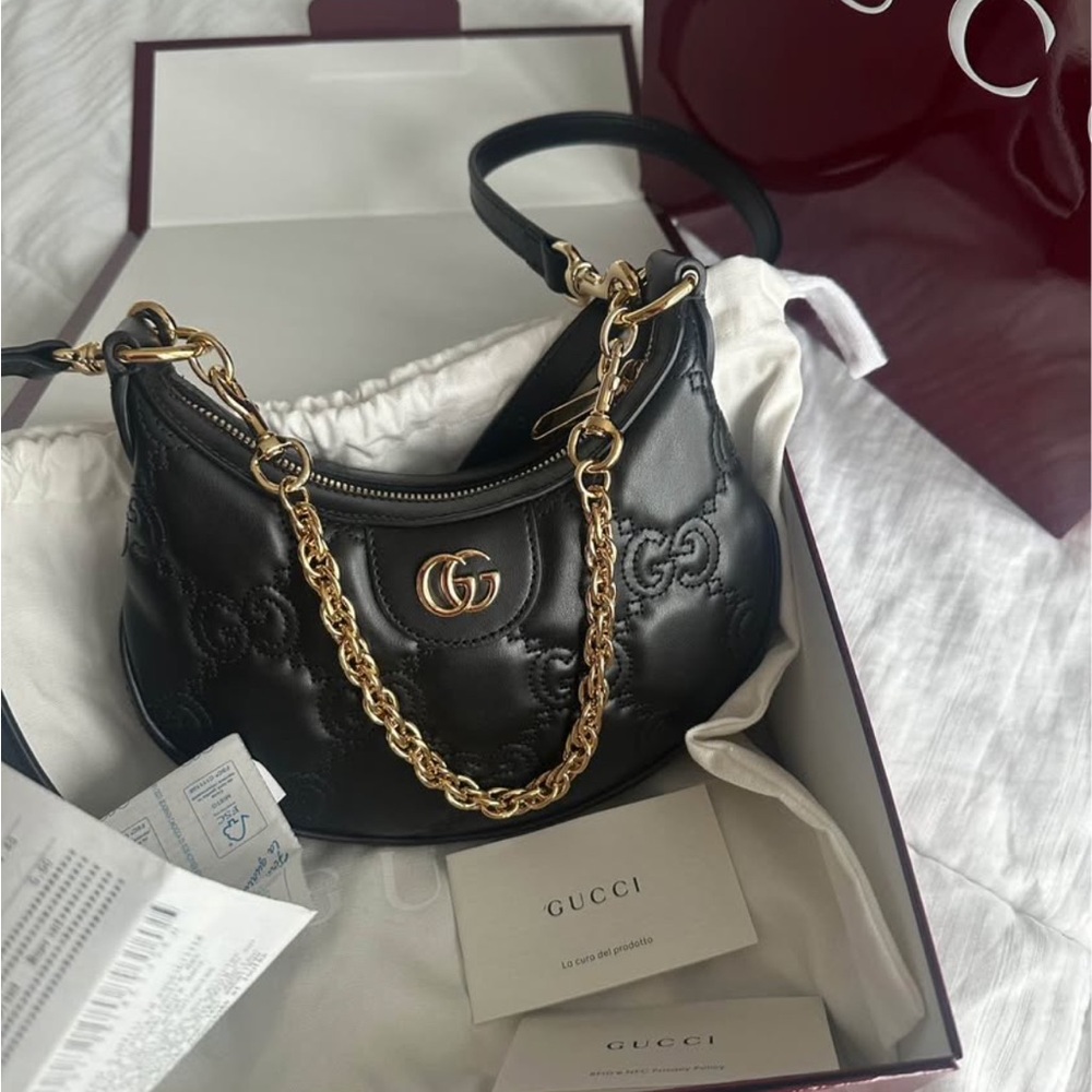 Gucci Black Quilted Leather Shoulder Bag with Gold Chain Detail